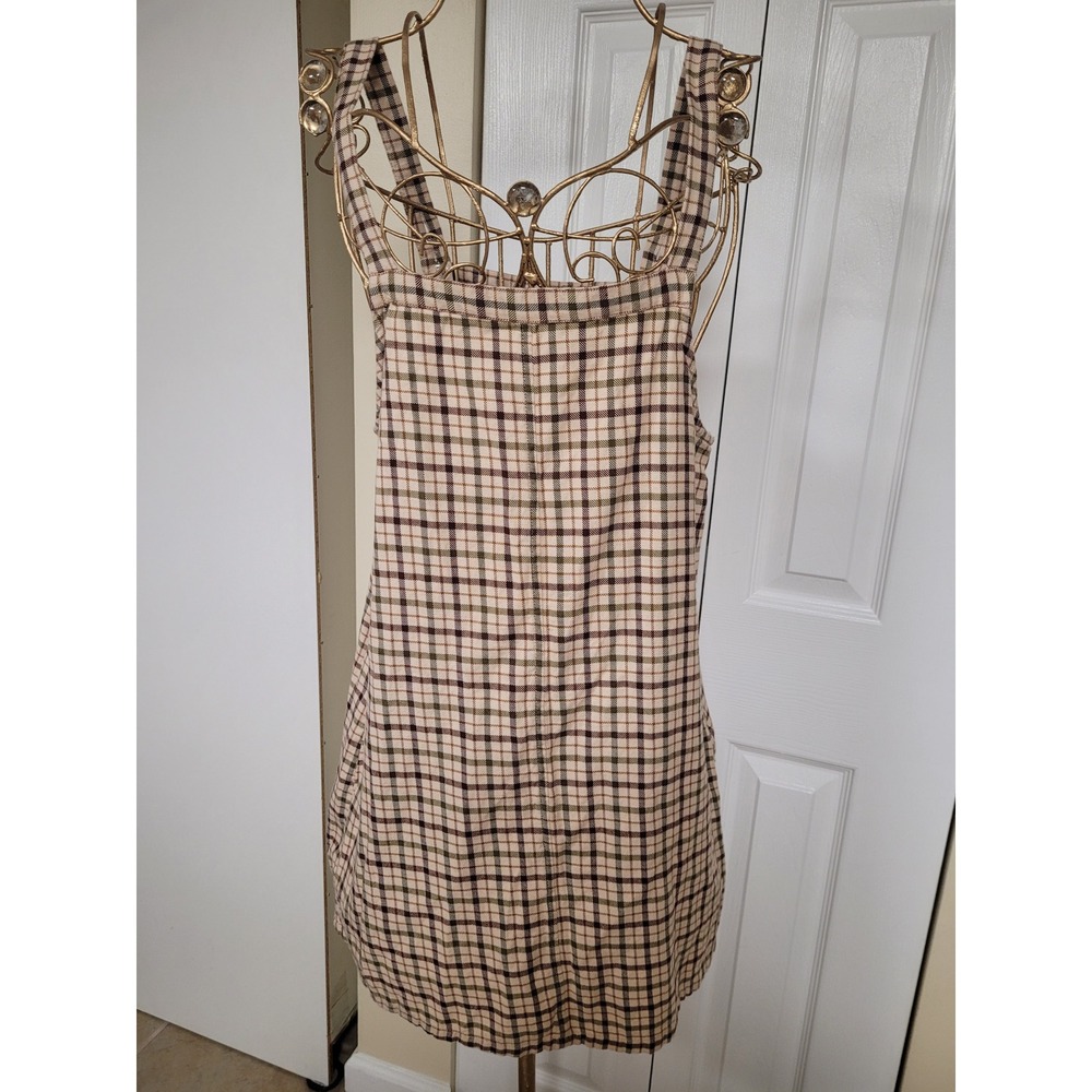 American Eagle Plaid Jumper Mini Dress Brown Green Cream Preppy Cotton Womens M